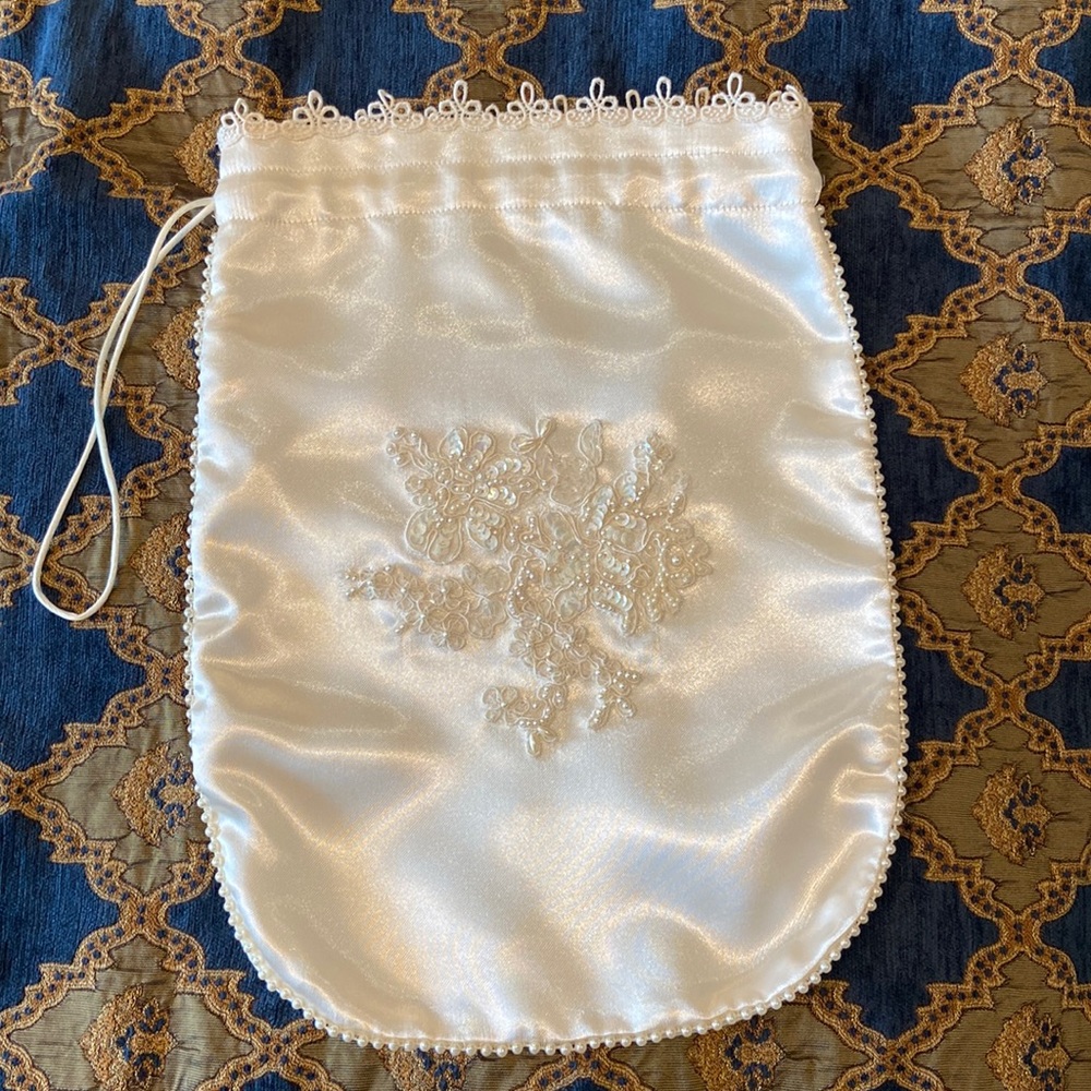 Satin and hand beaded French lace. Lingerie bag. Gift bag